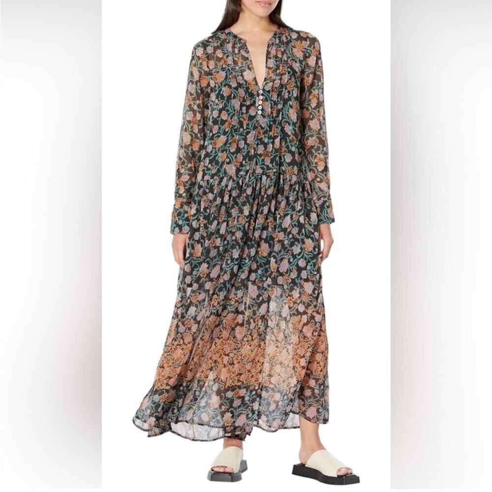 Free People See It Through black orange floral sheer maxi dress size Small